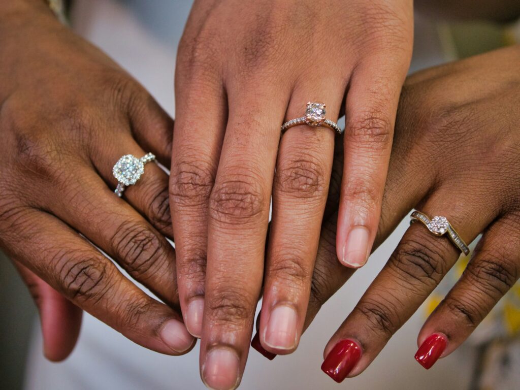 Three different diamond rings being shown off for the Hatton Garden Diamond Bespoke Jewellery Trends Blog